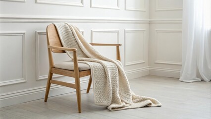 Poster - The room features an inviting seating area with a lightcolored wooden chair and a soft throw blanket perfectly blending with the white walls for a relaxed Scandinavian look.