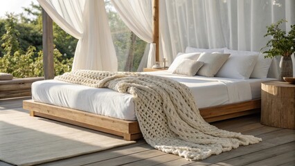 Poster - A tranquil retreat featuring a minimalist wooden bed with crisp white bedding and an oversized knitted blanket draped across the foot. Natural light filters through curtains