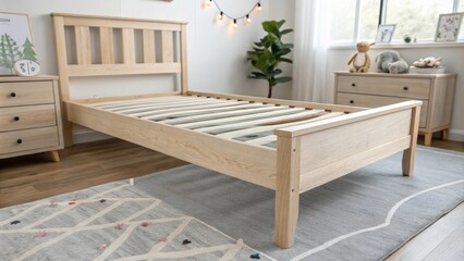 Poster - An inviting space with a light wood bed frame resting on a gray area rug highlighted by understated decorative elements that create a tidy appearance.