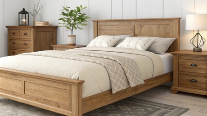 Aufkleber - A serene bedroom showcasing a wooden bed frame with a neutraltoned duvet paired with bedside tables made of natural wood and adorned with subtle decor like a small potted