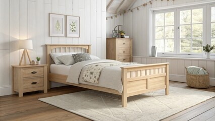 Poster - An inviting bedroom scene featuring a light wood bed frame bright white walls that reflect natural light and a gentle area rug that provides comfort underfoot.