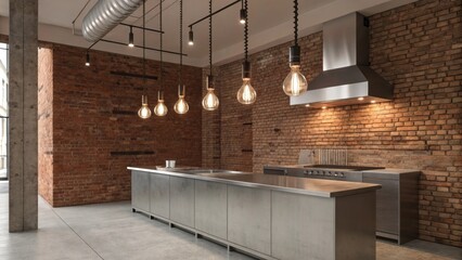 Poster - A minimalist kitchen environment with rugged brick walls a streamlined stainless steel island and an array of Edison bulbs that dangle from the ceiling providing functional