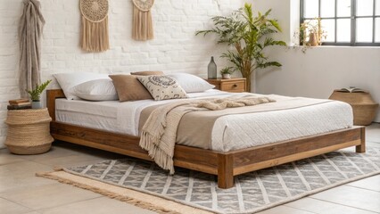 Poster - A serene bedroom space characterized by its airy ambiance featuring a wooden platform bed with layers of soft textiles complemented by subtle decorative accents and a clean