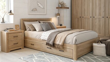 Poster - An elegantly arranged bedroom showcasing light oak furnishings complemented by plush cushions and blankets in muted tones exuding tranquility and comfort.