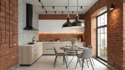 Poster - A modern kitchen characterized by warm brick walls enhanced by striking industrial light fixtures overhead and a minimalist metal dining table that serves as the focal