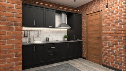 Poster - A stylish culinary space characterized by warm brick walls bold black cabinets with clean lines and a contemporary stainless steel backsplash adding a touch of