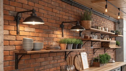 Poster - An industrialstyle kitchen with warm brick walls adorned with rugged metal light fixtures where open shelves hold a mix of rustic utensils and fresh herbs creating a cozy
