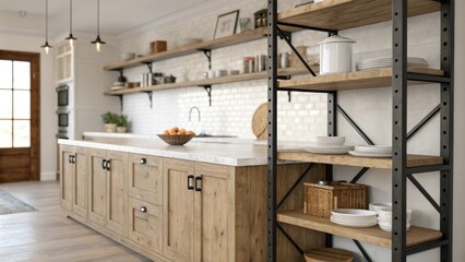 Poster - The kitchen includes open shelving made of reclaimed wood accented by dark metal brackets while a large island with polished surfaces serves as the central gathering space.