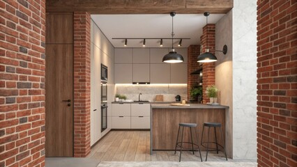 Poster - Richly textured brick walls frame a modern kitchen layout accentuated by metal light fixtures that contribute to an urban loftlike atmosphere.
