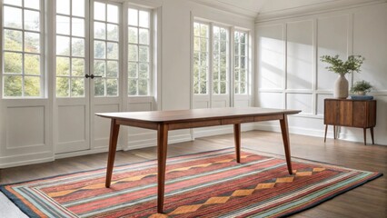 Poster - A bright room with large windows a sleek teak dining table centered in the space complemented by neutral wall colors and a striking retro rug adding a pop of color.
