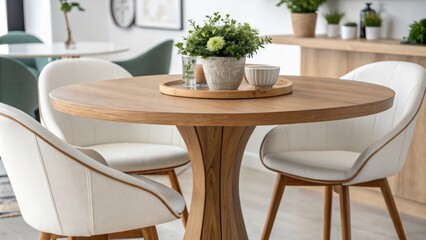 Poster - A stylish dining setup showcases a round teak table paired with elegant streamlined chairs
