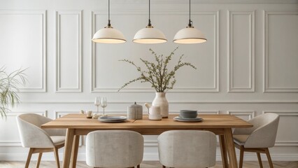 Poster - An airy dining room characterized by a cleanlined rectangular table in a natural finish adorned with a few minimalist decor pieces and illuminated by overhead pendant
