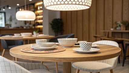 Poster - A retrostyle dining area showcasing a round wooden table set with patterned dishes bathed in warm ambient light from a stylish ceiling fixture.