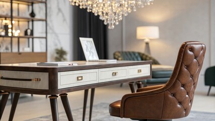 Poster - A vibrant workspace with a sleek vintage desk and a classic leather chair complemented by a stunning chandelier that adds a touch of elegance to the rooms playful midcentury