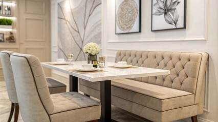 Poster - A modern dining space that integrates a stylish rectangular table with cozy upholstered seating enhanced by large abstract wall artworks that create a focal point.