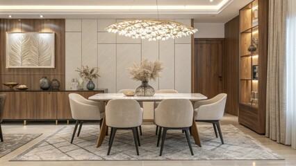 Poster - A contemporary dining room characterized by its streamlined furniture and warm earth tones with a stylish rectangular table and lighttoned chairs accentuated by a unique