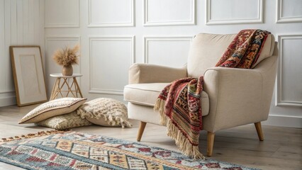 Aufkleber - A serene bohoinspired space with a comfortable lowarmchair that invites you to unwind layered with eclectic rugs beneath and adorned with a vivid patterned throw for a pop