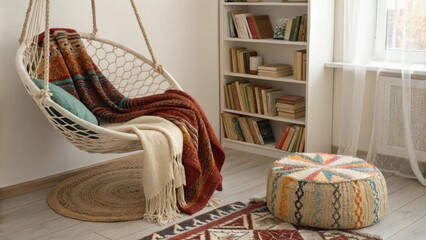 Poster - An inviting reading nook with a stylish macrame chair gently swaying surrounded by an array of plush colorful throws draped over a nearby bookshelf. A handwoven kilim