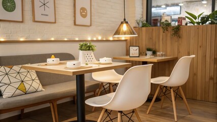 Poster - A cozy dining space where midcentury modern design elements highlight geometric shapes complemented by soft ambient lighting that creates an inviting atmosphere.