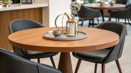 Poster - The image features a warmtoned teak table with a smooth circular surface accompanied by sleek contemporary chairs and accented by an eyecatching centerpiece that echoes