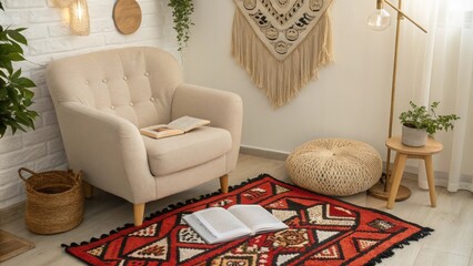 Aufkleber - A serene reading spot with a cushy armchair an eyecatching area rug filled with bold designs and decorative macrame elements that enhance the boho aesthetic.