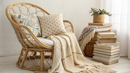 Poster - An inviting bohemian space features a comfortable rattan chair surrounded by plush patterned cushions with a cozy woven blanket artfully p over the armrest and books piled