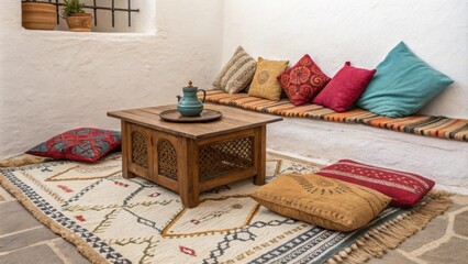 Poster - A charming corner arrangement highlighted by a textured Moroccan rug an array of colorful cushions for comfort and a low wooden coffee table providing simplicity and style.