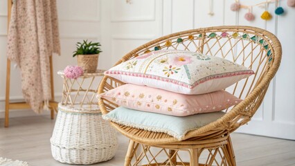 Poster - The inviting space showcases a handmade wicker chair layered with soft colorful cushions creating a bohemian atmosphere enriched by intricate embroidery.