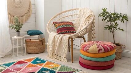 Poster - An artfully arranged nook highlighted by a bohemian macrame chair surrounded by layers of colorful throws. The floor is accented by a vibrant kilim ottoman that invites