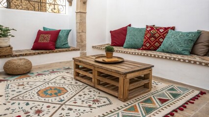 Poster - A relaxed seating area showcasing an intricately designed Moroccaninspired rug a mix of vividly colored pillows and a rustic low coffee table made of wood.