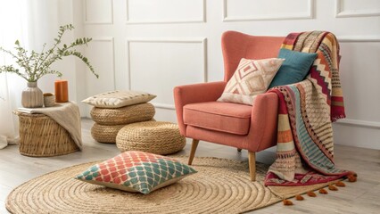 Poster - An artistic space showcasing a comfortable armchair upholstered in bold hues nestled a various patterned blankets and accent pillows resting on a soft richly woven wool rug.