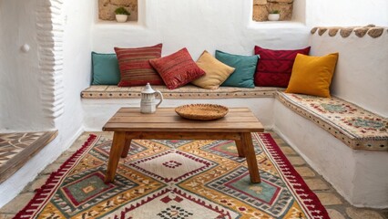 Poster - An inviting nook adorned with a richly patterned Moroccan rug plush pillows in bright hues and a minimalist wooden coffee table positioned in the center.