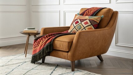 Poster - An inviting low armchair features a rich earthy tone enhanced by a vibrant kilim throw casually p across the seat while plush knitted accents add layers of comfort and