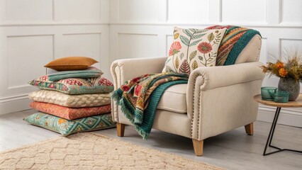 Poster - A laidback corner featuring a snug armchair with eclectic prints paired with layered colorful throws and accent pillows all set atop a soft luxurious wool rug for added
