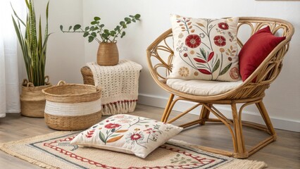 Aufkleber - A comfortable setting highlights a rustic wicker chair filled with bold embroidered cushions sitting on an eclectic arrangement of layered rugs that exude character and