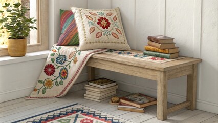 Poster - A charming nook highlights a simple wooden bench accentuated by an array of colorful embroidered textiles alongside a neatly piled stack of books that adds a literary touch