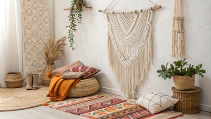 Aufkleber - A serene space decorated with intricate macrame hangings a collection of bright patterned throws and eclectic rugs that add depth and warmth to the relaxed reading