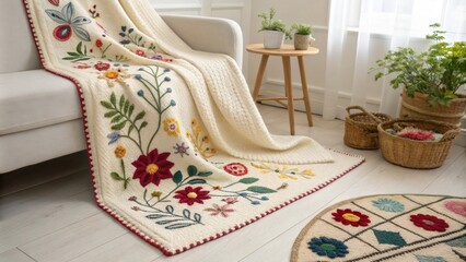 Aufkleber - A tranquil setting highlighting a snug wool blanket adorned with colorful embroidery harmoniously paired with a bold and vivid area rug that adds depth and character.