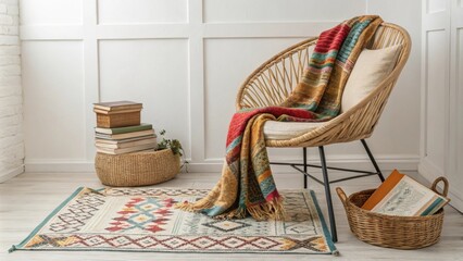 Poster - A charming reading corner highlighting a stylish wicker chair draped with a colorful throw blanket complemented by a striking area rug featuring traditional Moroccan motifs