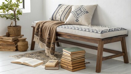 Poster - In a serene reading area a low wooden bench is accentuated by a decorative patterned throw alongside a rustic stack of beloved vintage books inviting leisurely reading.