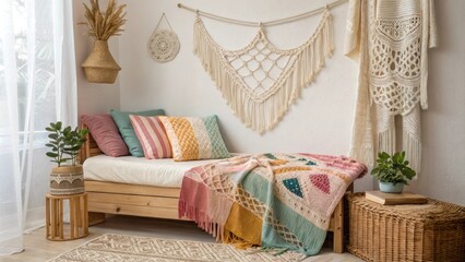 Aufkleber - A tranquil area features a daybed dressed in an assortment of colorful throws complemented by hanging macrame decor that enriches the overall layered and bohemian look.