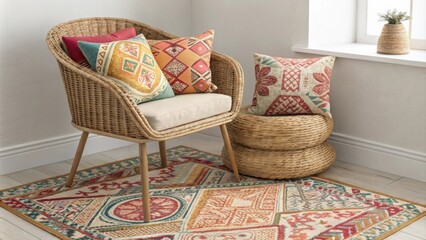 Aufkleber - Nestled in a corner a rattan chair is surrounded by a mix of patterned cushions in bright hues while intricate layered rugs add depth to the space exuding a bohemian charm.