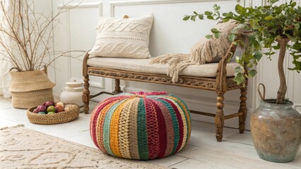 Aufkleber - A charming corner arrangement with a colorful textured pouf in the foreground an antiquestyle rustic bench adorned with plush wool cushions surrounded by earthy natural