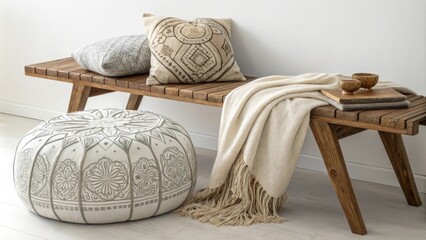 Poster - A relaxed seating area highlights a striking pouf with intricate designs paired with a sy handcrafted wooden bench accented by cozy wool blankets and throws that invite