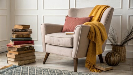 Poster - A relaxed low armchair upholstered in muted tones surrounded by cheerful brightly colored throws with a rustic stack of vintage books leaning against one leg.