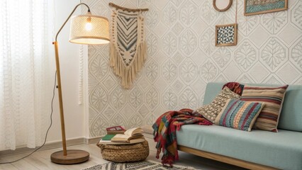 Aufkleber - An eclectic reading space dominated by a striking patterned wallpaper where a vintage floor lamp illuminates a pile of colorful fabric throws on a low couch and macrame wall