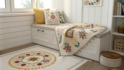 Poster - A warm nook displaying a beautifully embroidered wool blanket artfully arranged on a plush seating option set against a backdrop of a bright dynamic area rug.