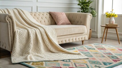 Aufkleber - A serene space where a luxurious wool blanket rests gracefully on a textured sofa framed by a lively area rug that enhances the rooms cheerful ambiance.