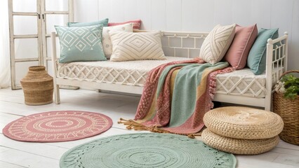 Poster - A tranquil retreat showcasing a daybed draped with colorful throw pillows and blankets complemented by a collection of woven area rugs that create a warm inviting