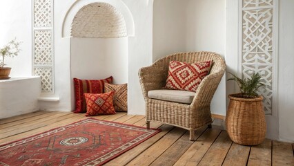 Aufkleber - A serene space with a textured wicker armchair set against a backdrop of bold patterned cushions while a richly designed Moroccan rug adds depth and warmth to the rustic